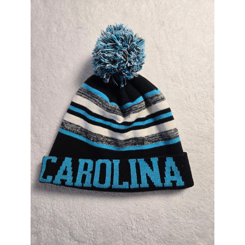 Carolina Panthers Colors Knit Beanie Hat Cuffed Pom Pom Black Blue White Striped